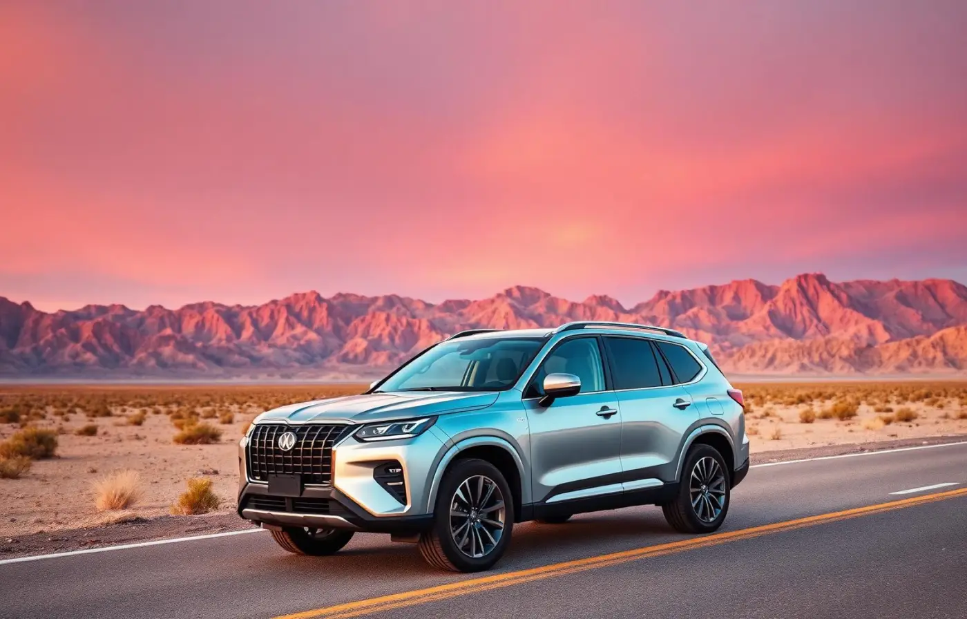 Modern SUV on a desert highway at sunset